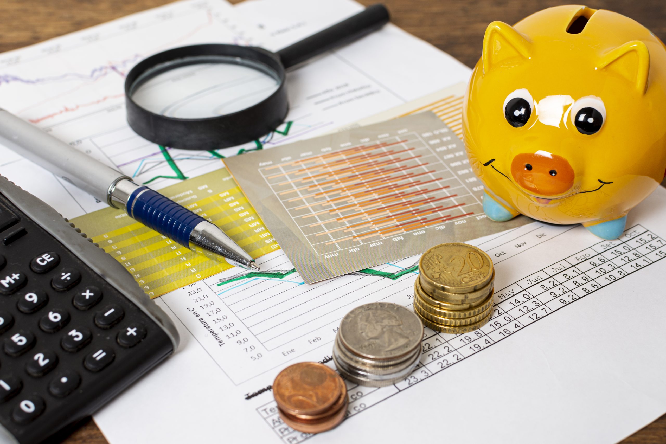 Spaarvarken, loep, geld en een pen op een document over lonen